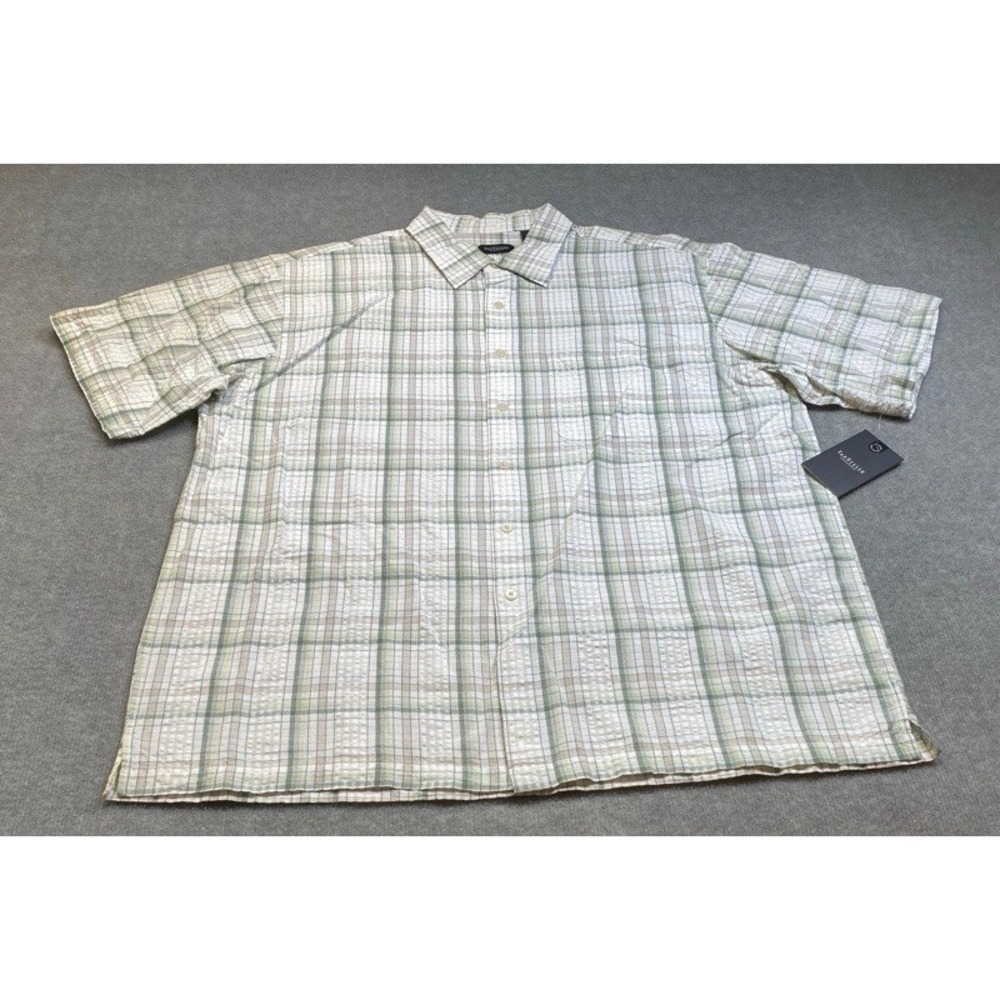 NWT Van Heusen Button Up Shirt Mens XL Green Plaid Short Sleeve Cotton Textured